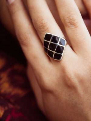 "Sanga Nine" Geometric Sterling Silver Ring with Onyx Inlay