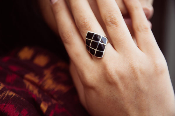 "Sanga Nine" Geometric Sterling Silver Ring with Onyx Inlay