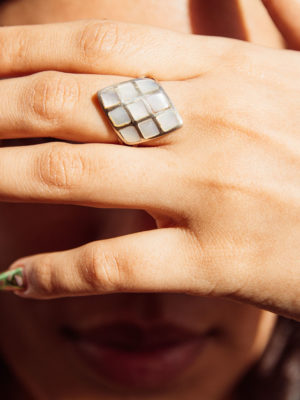 "Sanga Nine" Geometric Sterling Silver Ring with Mother-of-Pearl Inlay