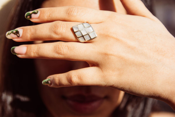 "Sanga Nine" Geometric Sterling Silver Ring with Mother-of-Pearl Inlay