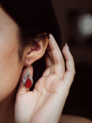 Crimson Paisley Filigree Earrings with Red Coral Accents