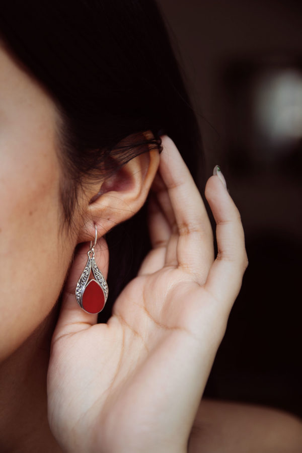 Crimson Paisley Filigree Earrings with Red Coral Accents
