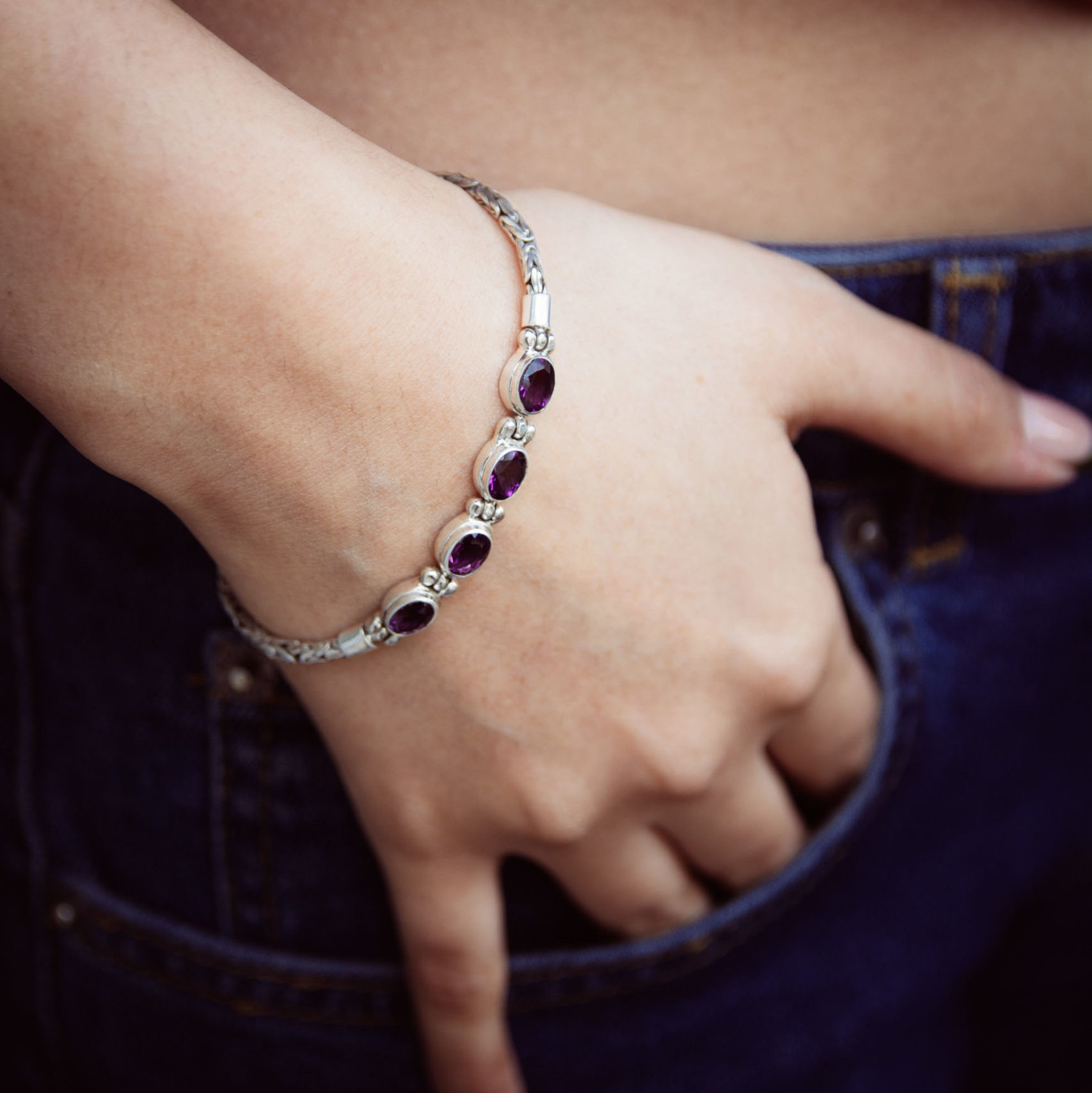 "Amethyst Cascade" Sterling Silver Bracelet with Four Amethysts